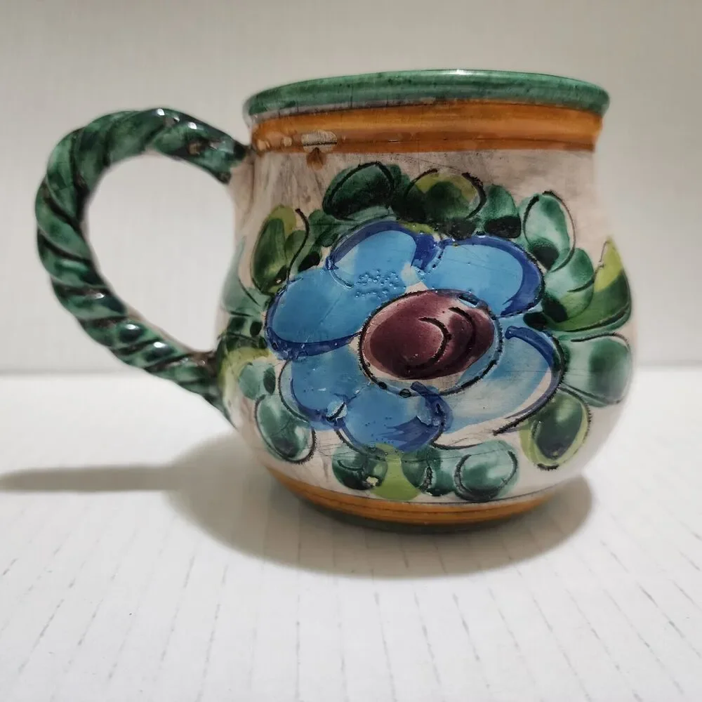 Miriam Italy Handpainted Ceramic Mug Floral Green Red Orange Braided Handle